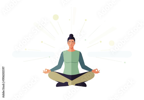 A serene Vector Flat Design Ilustration of a meditating woman in a lotus position with a calming aura and soft pastel colors against a clean white background.