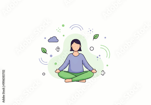 Vector flat design illustration of a serene woman meditating in lotus position with leaves and clouds, in a calming atmosphere.
