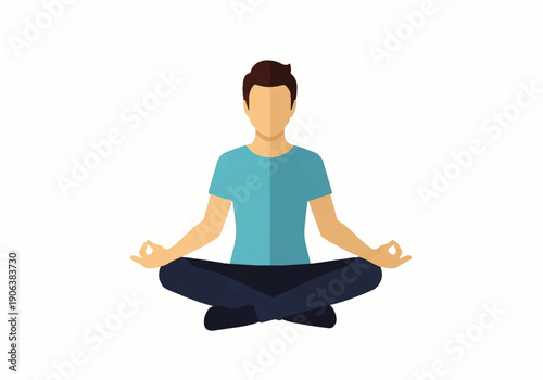 Vector flat design illustration of a man meditating in a lotus position with a calm and serene mood against a clean white background.