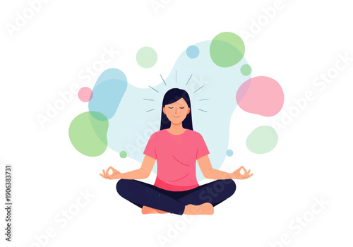 Vector flat design illustration of a serene woman meditating in lotus position with colorful floating circles around her head on a white background.