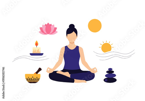 Vector flat design illustration of a serene woman meditating in lotus position with candles, stones, and flowers in a peaceful atmosphere.