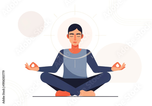 A serene Vector Flat Design Ilustration of a meditating person sitting cross-legged in a lotus position with hands in a calming gesture against a minimalist white background with subtle