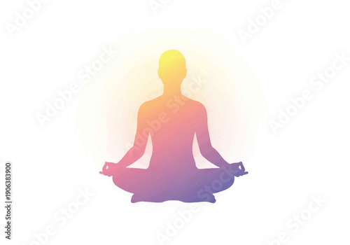 Vector flat design illustration of a meditating person in a yoga pose with a colorful gradient effect on a white background.