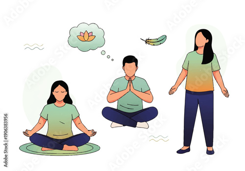 Vector flat design illustration of people meditating and practicing yoga in different poses on a white background with a peaceful mood.