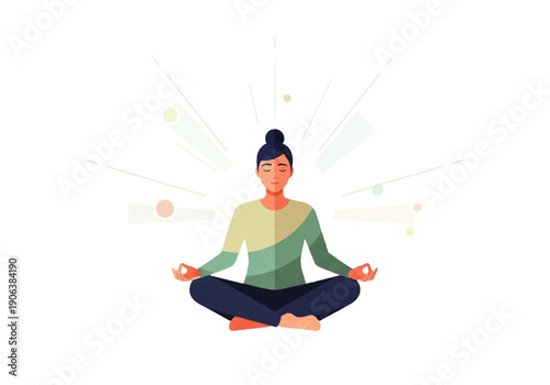 Vector flat design illustration of a woman meditating in a lotus position with a serene expression and colorful geometric patterns radiating behind her.