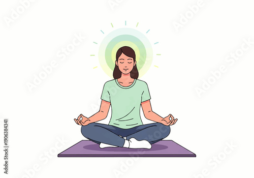 Vector flat design illustration of a woman meditating in lotus position on a purple mat with a serene glow behind her head, conveying a peaceful state of mind.