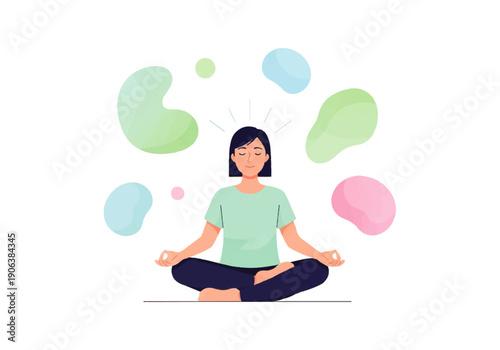 Vector flat design illustration of a serene woman meditating in lotus position with colorful abstract shapes floating around her head.