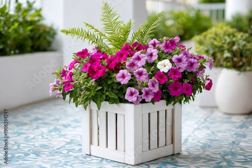 Petunia and fern flowers planting in a white wooden planter on a patio
