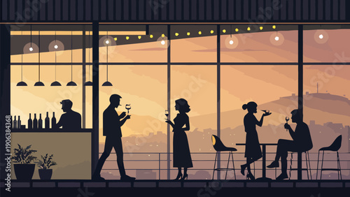 Silhouette of people enjoying wine and socializing in a modern bar with a city view at sunset