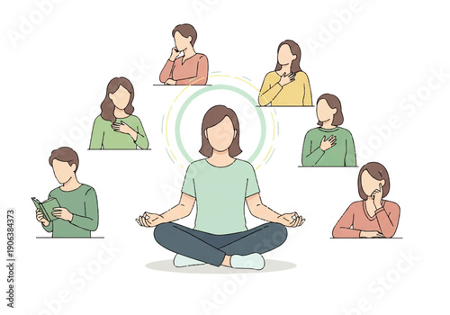 Vector flat design illustration of a woman meditating in lotus position surrounded by people engaged in various activities with a minimalist style and pastel color palette against a clean