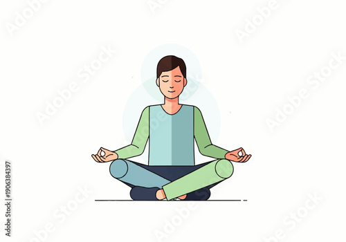 Vector flat design illustration of a young man meditating in a lotus position with a calm and serene mood against a clean white background.
