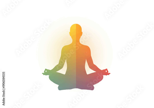 Vector flat design illustration of a meditating person in a lotus position with a vibrant, multicolored gradient effect against a clean white background.