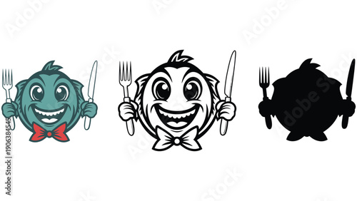 A cartoon character holding a fork and knife, ready to eat.