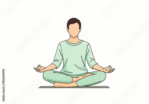 Vector flat design illustration of a serene woman meditating in lotus position with a calming presence and soft green attire against a clean white background.