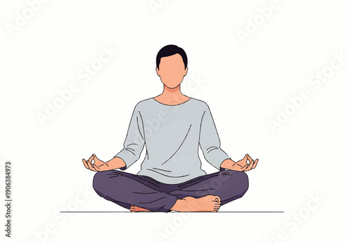 A serene Vector Flat Design Ilustration of a man sitting in a yoga pose with legs crossed on a simple background.