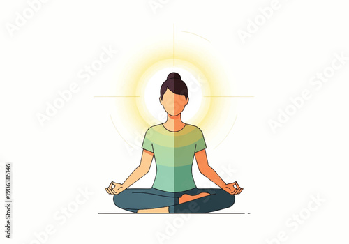 Vector flat design illustration of a serene person meditating in lotus position with a radiant yellow glow, conveying a peaceful state of mind on a clean white background.