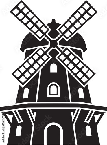 Classic windmill with rotating blades Silhouette vector black on a white background