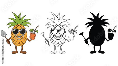 Cartoon pineapple character holding a potted plant and a shovel.