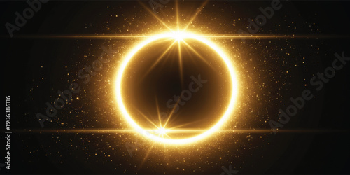 Golden Glowing Light Ring with Sparkling Particles on Dark Background for Luxury Branding, Celebration Designs, Energy Concepts, and Futuristic Visual Effects