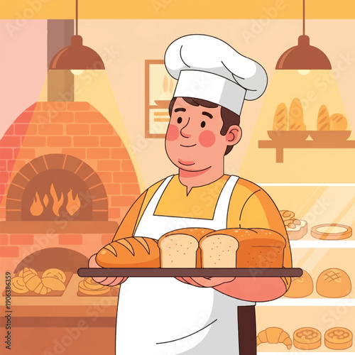 Baker Holding Loaves of Bread Tray.