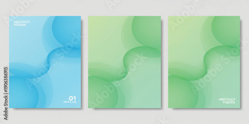 Minimal Abstract Poster Set with Soft Gradient Waves in Blue and Green