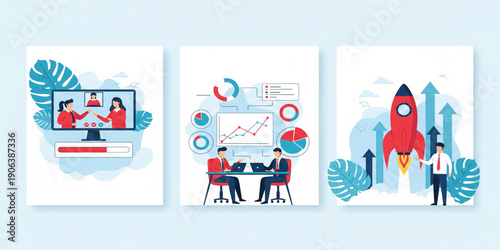 Modern Business Illustration Set Featuring Video Conference, Data Analytics Dashboard, and Startup Rocket Launch Concepts for Corporate Presentations, Websites, and Marketing Designs