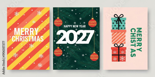 Modern Christmas and New Year Greeting Card Set with Merry Christmas Text 2027 Celebration Design and Gift Box Illustrations for Holiday Prints and Posters