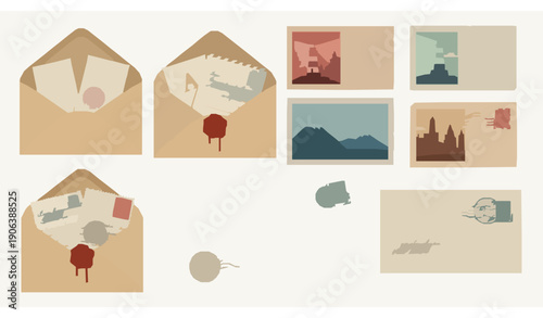 Vintage craft envelope and postcard flat vector set