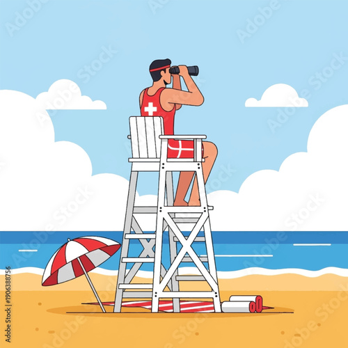 Lifeguard on beach watching ocean.