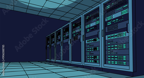 Data center server racks in a dark room, vector illustration of technology and computing infrastructure for digital information storage