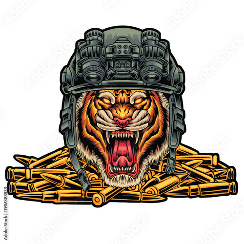 Aggressive tiger head in a tactical military helmet with night vision goggles and rifle bullets. High-quality vector design illustration.