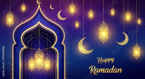 Blue mosque silhouette with hanging golden lanterns and crescent moons, happy Ramadan Mubarak greeting on dark night sky. Islam holiday background.