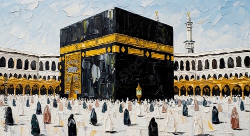 Painting of the Kaaba in Mecca with pilgrims performing Hajj.