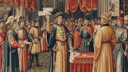 Royal Audience: A regal monarch, resplendent in gold, addresses his court, surrounded by members in a majestic hall, embodying authority and the grandeur of medieval times.