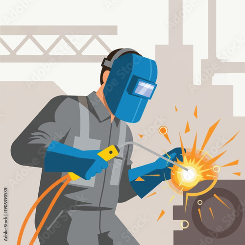 Man wearing blue welding mask.