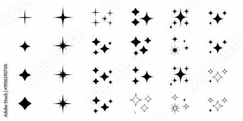Variety of black sparkle and starburst shapes on a white background