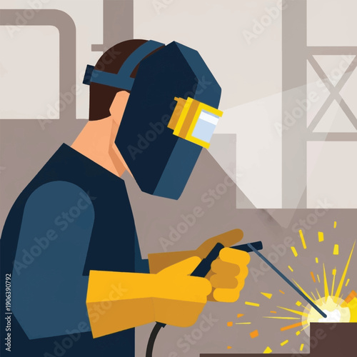 Man wearing welding helmet and gloves.
