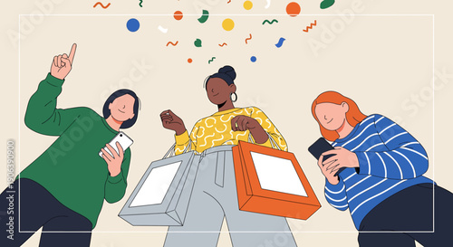 Diverse group of women enjoying shopping and celebration.