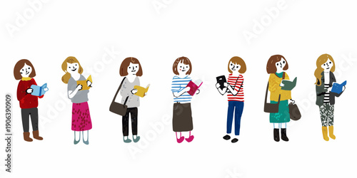 Illustration of eight women standing in a row each reading or holding books