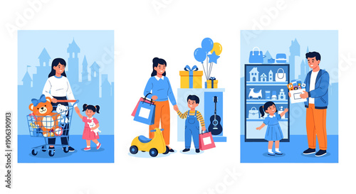 Family shopping for toys in a store with colorful displays.