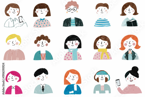 Diverse group of illustrated people with varying hairstyles and clothing