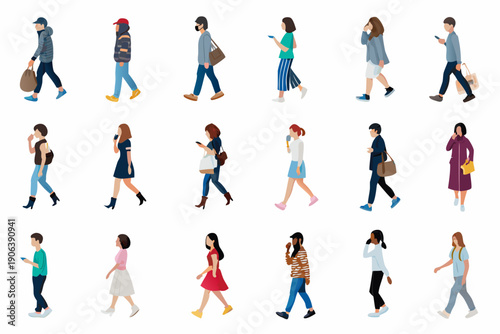 Diverse group of people walking illustrated vector figures in various outfits