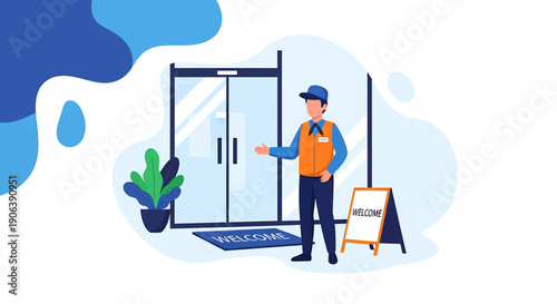 Friendly Doorman Welcoming Guests at Building Entrance.