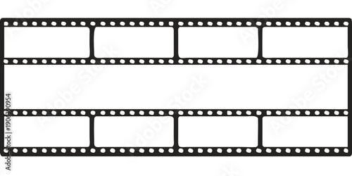 A black film strip with rectangular frames and perforated edges