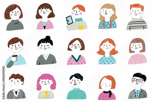 Diverse group of illustrated people with varying hairstyles and clothing