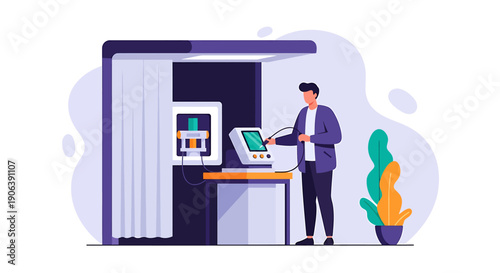 Man Interacting With Photo Booth Machine Technology.