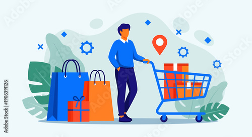 Man Pushing Shopping Cart Full of Gifts and Bags.