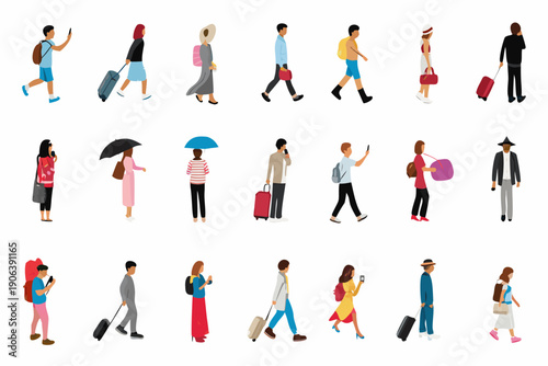 Diverse group of stylized people in various poses and attire