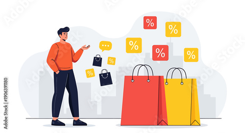 Man with Shopping Bags and Percentage Symbols Illustration.