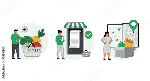 People shopping for groceries and planning delivery routes.